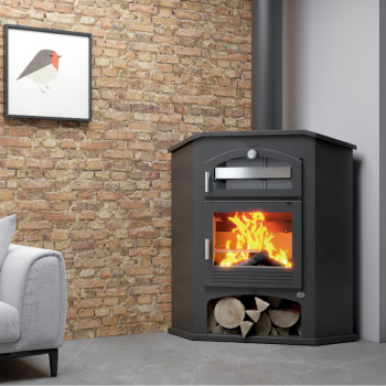 Poêle à bois M-106 R - ref 701C31 - Grand four Inox - Installation en angle - FM Calefaccion - Exemple d'installation