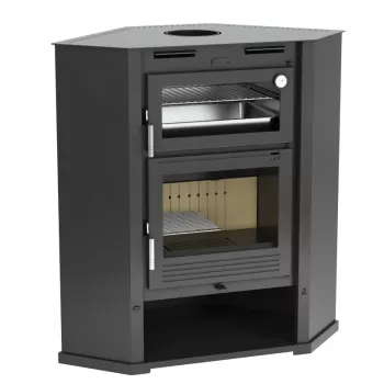 Poêle à bois M-107 RT - ref 701C55 - Poêle d'angle - Four inox - Bûcher - FM Calefaccion