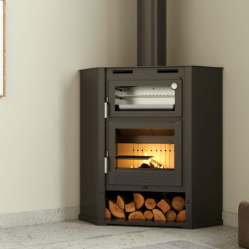Poêle à bois M-107 RT - ref 701C55 - Poêle d'angle - Four inox - Bûcher - FM Calefaccion - Image d'ambiance
