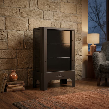Poêle radiant électrique E30 S La Valmarecchia en céramique noir dans un salon chaleureux