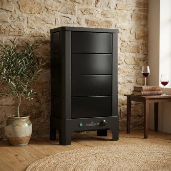 Poêle radiant électrique E40 S La Valmarecchia en céramique noir dans un salon chaleureux