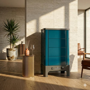 Poêle radiant électrique E40 SL La Valmarecchia en céramique bleu dans un intérieur moderne