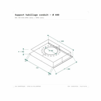 Schéma technique support habillage conduit Dixneuf Ø440 dimensions L600 P480 H100 mm