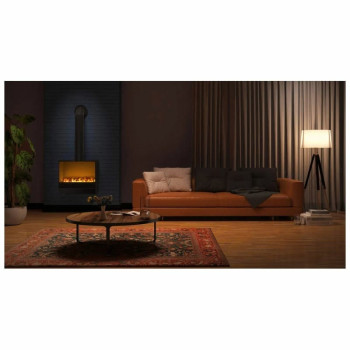 Cheminée Sogno 500 Safretti ambiance salon avec conduit décoratif flammes vapeur eau