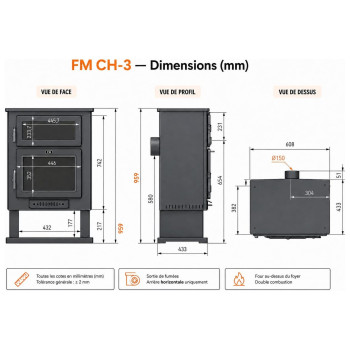 Dimensions du poêle à bois avec four CH-3 FM CALEFACCIÓN