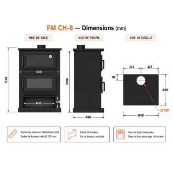 Schéma coté du poêle à bois avec four CH-8 FM : 648 × 496 × 1139 mm, sortie de fumées Ø 150 mm