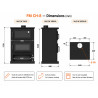 Schéma coté du poêle à bois avec four CH-8 FM : 648 × 496 × 1139 mm, sortie de fumées Ø 150 mm