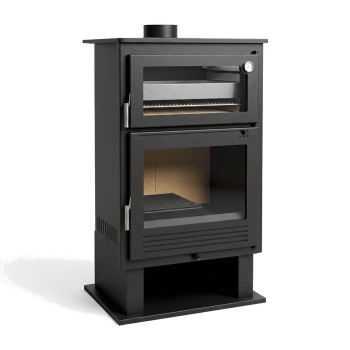 Poêle à bois avec four CH-8 FM CALEFACCIÓN sur fond blanc, corps en acier noir, four vitré à thermomètre et bûcher intégré