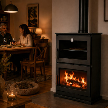 Poêle à bois avec four CH-9 FM dans une salle à manger le soir, pizza en cuisson dans le four et feu visible derrière la vitre