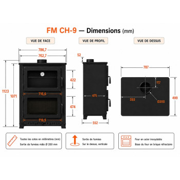 Poêle à bois avec four CH-9 FM — dimensions et cotes en mm