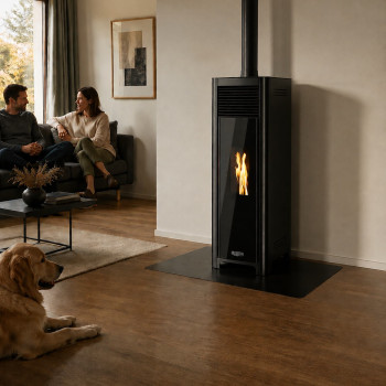 LYDIA NATURAL 7 kW noir installe dans un salon, conduit vertical et plaque de sol