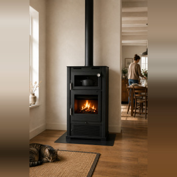 Cocotte en fonte dans le four du poêle à bois M-107 T FM, cuisson à la seule chaleur du foyer