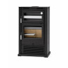 Poêle à bois avec four M-107 T FM CALEFACCIÓN sur fond blanc, four inox ouvert et grille de turbine en façade basse