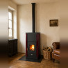 Poêle bouilleur bois hydro Italia 30N Idro LAMINOX IDRO bordeaux installé dans un séjour