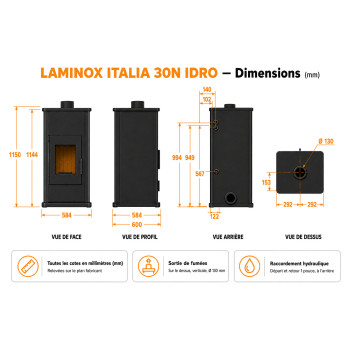 Schéma dimensionnel du poêle bouilleur bois Italia 30N Idro LAMINOX IDRO, cotes en mm