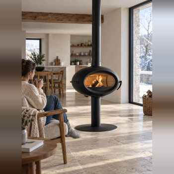 Poêle à bois INVICTA BRIO sur pied au milieu d'un séjour, matin d'hiver – ambiance