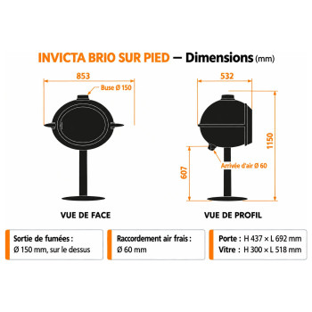 Poêle à bois INVICTA BRIO sur pied – dimensions 853 × 532 × 1150 mm