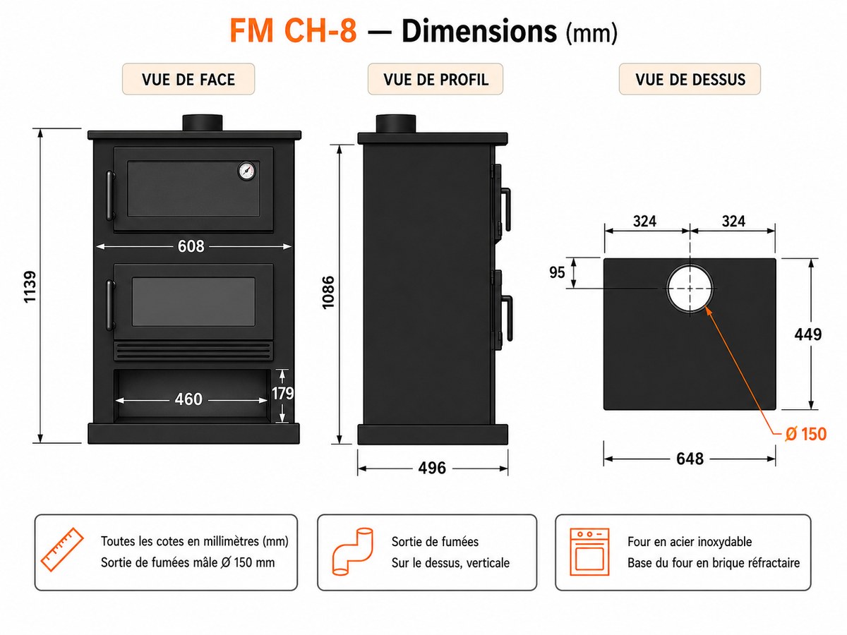 Schéma coté du poêle à bois avec four CH-8 FM CALEFACCIÓN : vues de face, de profil et de dessus, hauteur 1139 mm, largeur 648 mm, profondeur 496 mm, sortie de fumées Ø 150 mm sur le dessus