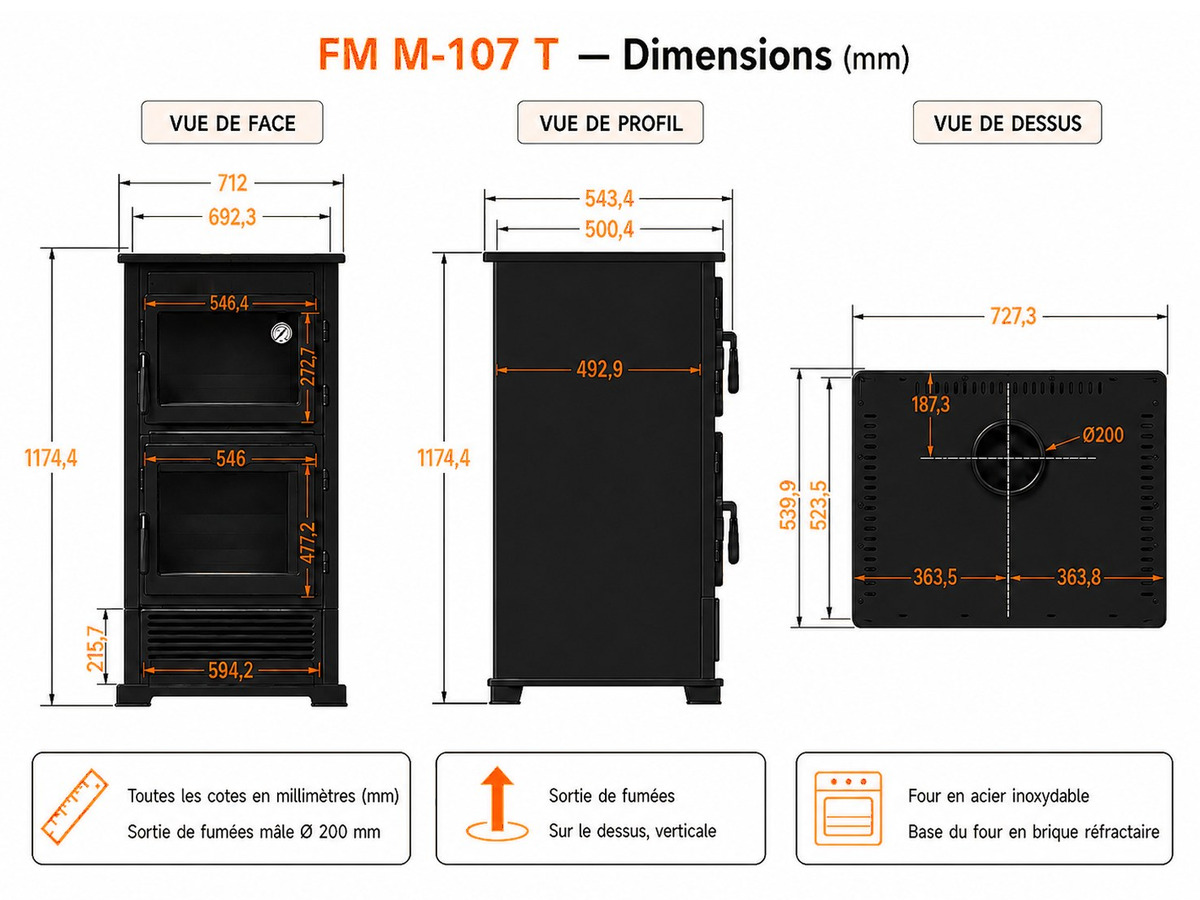 Schéma coté du poêle à bois avec four M-107 T FM CALEFACCIÓN : vues de face, de profil et de dessus, hauteur 1164 mm, largeur 712 mm, profondeur 547 mm, sortie de fumées Ø 200 mm sur le dessus