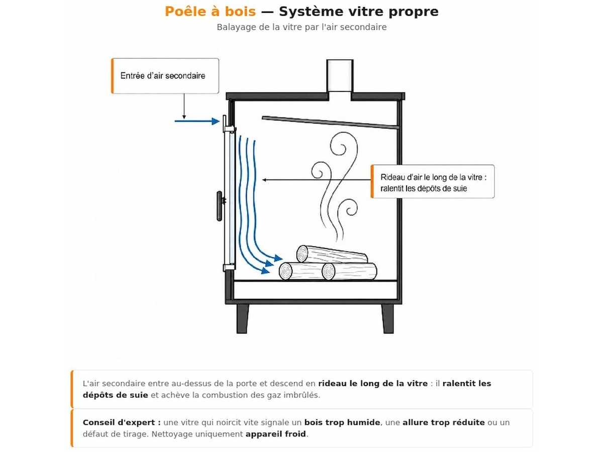 Schéma du système de vitre propre d'un poêle à bois : l'air secondaire entre au-dessus de la porte et descend en rideau le long de la vitre pour ralentir les dépôts de suie