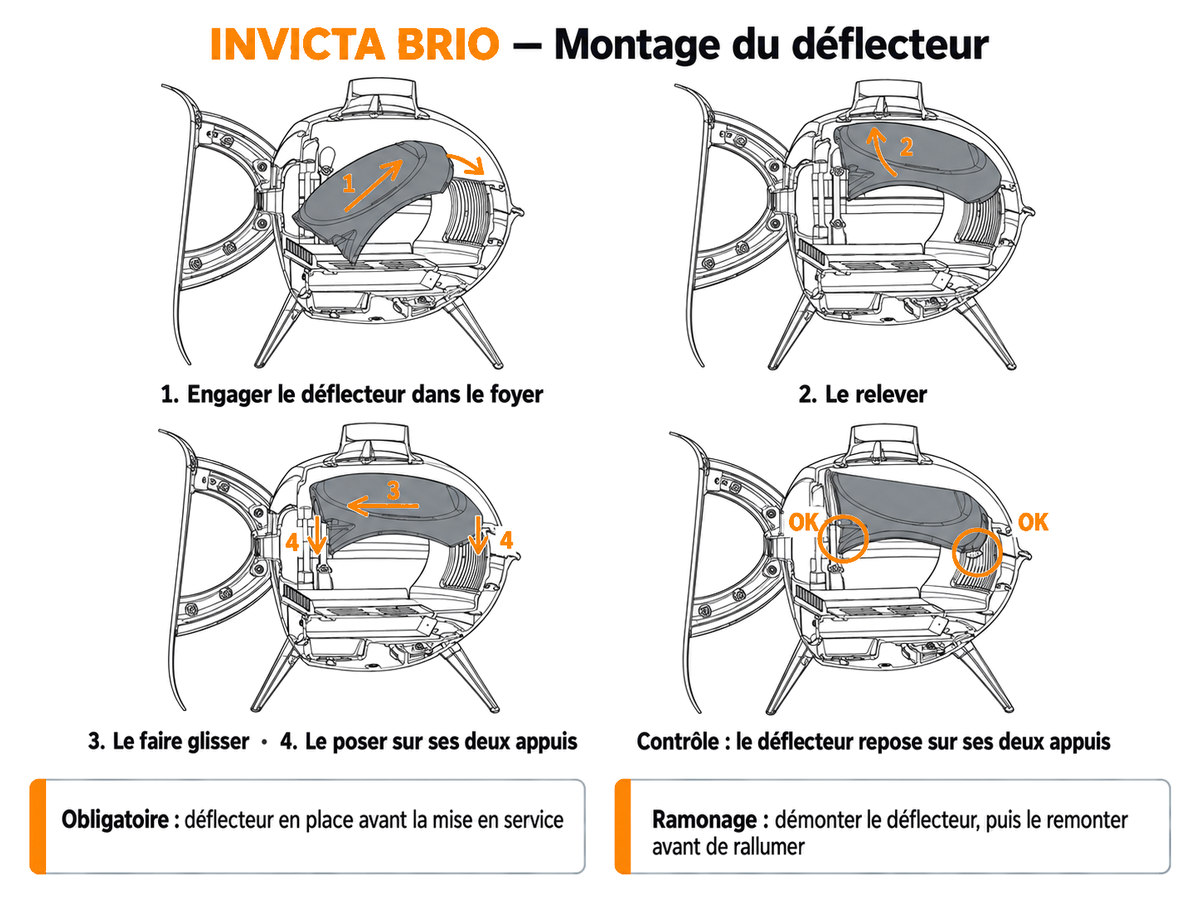Montage du déflecteur du poêle à bois INVICTA BRIO en quatre étapes, porte ouverte, avec contrôle des deux appuis