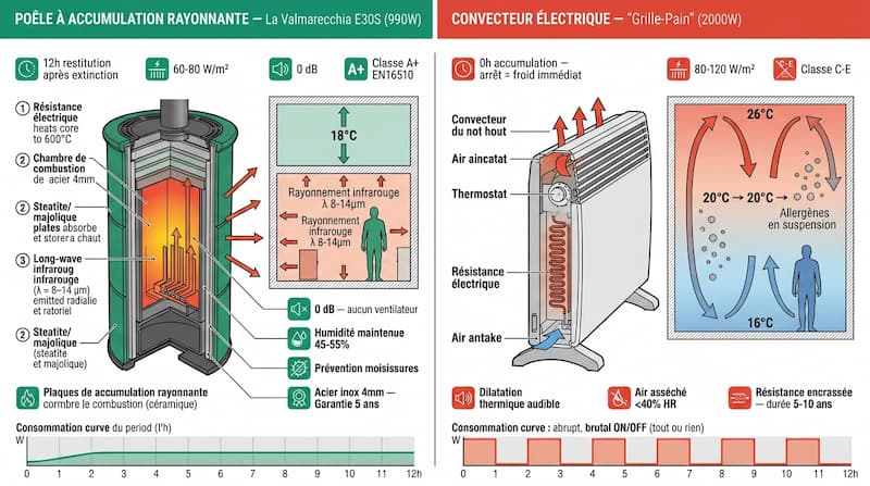 Comparatif technique poêle radiant à accumulation E30S vs convecteur électrique