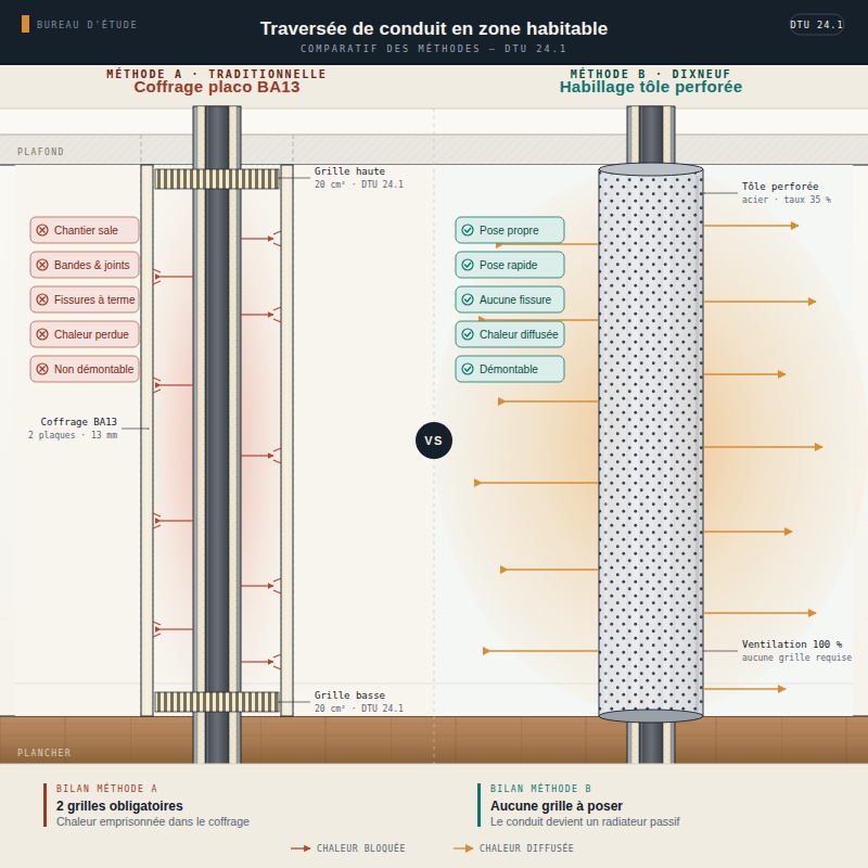 Schéma technique comparatif DTU 24.1 : coffrage placo BA13 avec grilles ventilation obligatoires et chaleur bloquée vs habillage tôle perforée Dixneuf avec ventilation 100% surface et chaleur diffusée dans la pièce