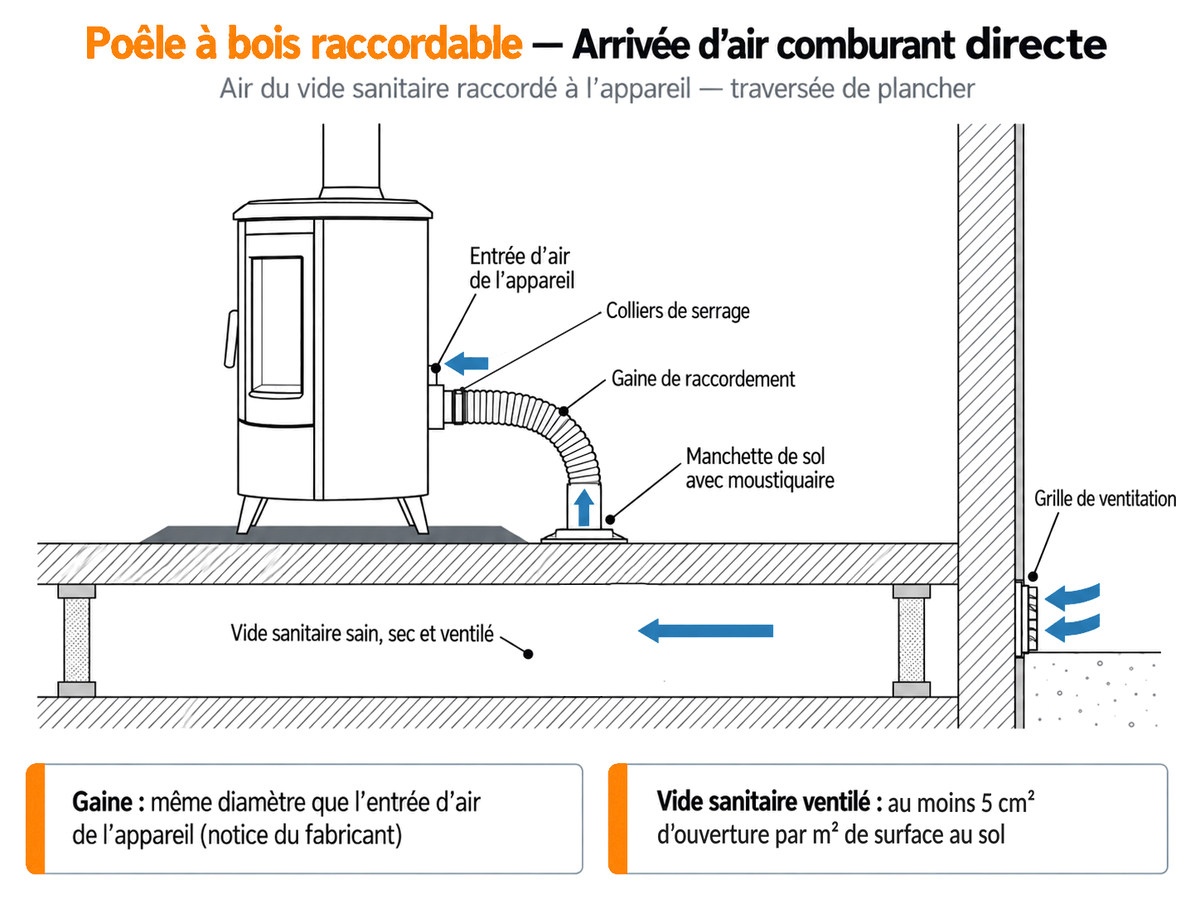 Schéma d'une arrivée d'air directe par le sol depuis un vide sanitaire ventilé pour un poêle à bois raccordable