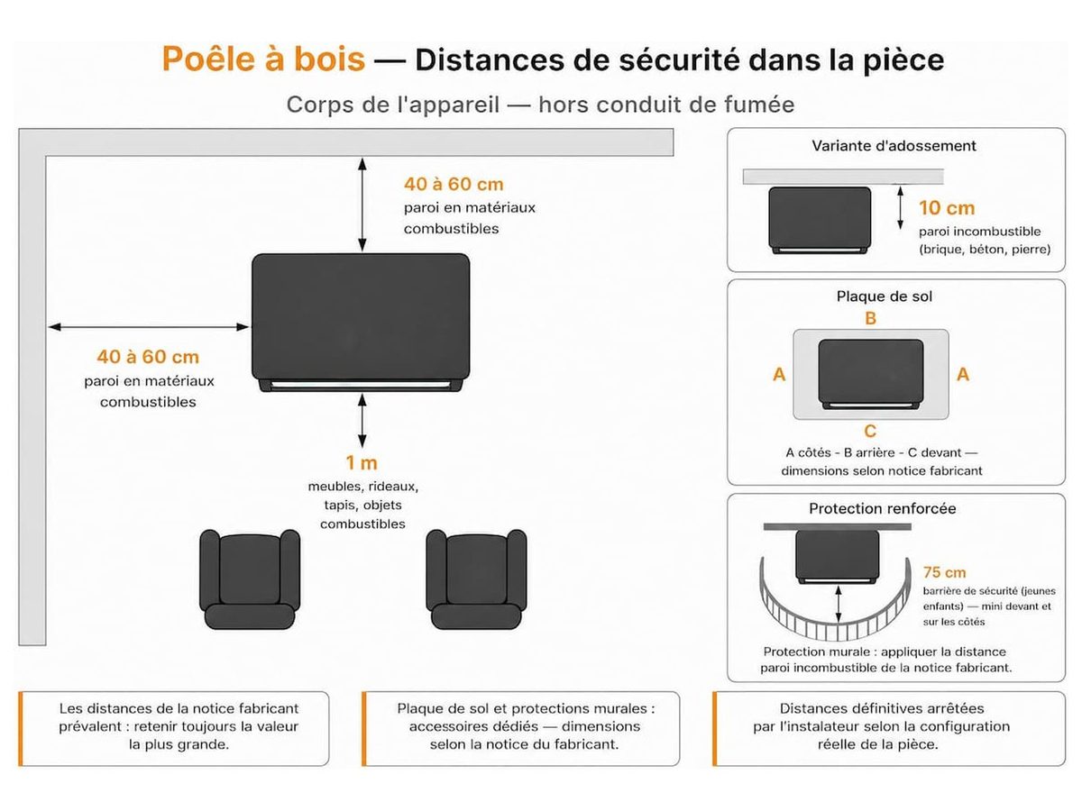 Schéma des distances de sécurité autour d'un poêle à bois dans la pièce : écarts aux murs, aux meubles et protection du sol