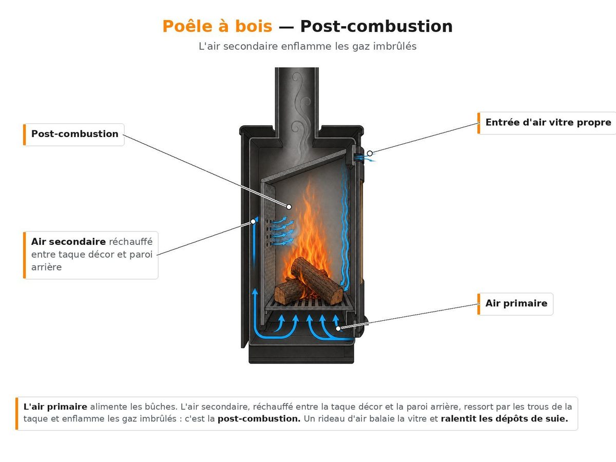 Schéma du principe de double combustion d'un poêle à bois : de l'air secondaire préchauffé est réintroduit au-dessus du foyer pour brûler les gaz de la première combustion