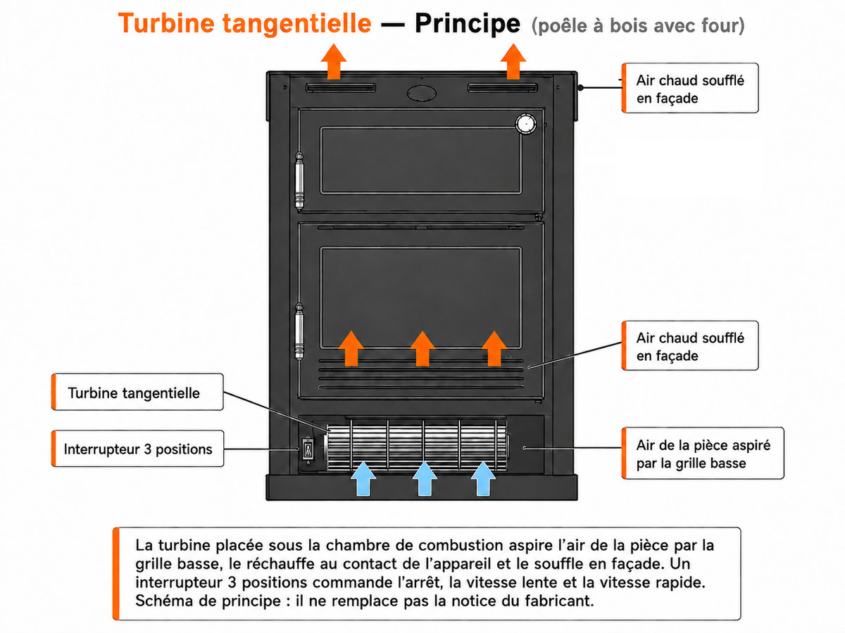Schéma de principe de la turbine tangentielle d'un poêle à bois avec four : air de la pièce aspiré par la grille basse, air chaud soufflé en façade par la grille de porte et par le four