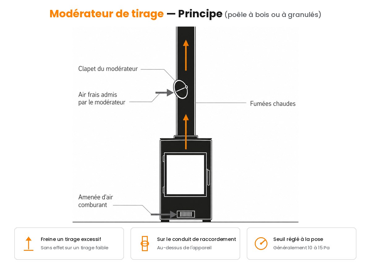 Modérateur de tirage monté en dérivation sur le conduit : clapet à contrepoids admettant de l'air pour réduire un tirage excessif