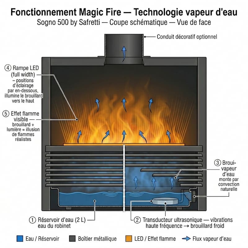 Schéma de fonctionnement cheminée vapeur d'eau Sogno 500 Safretti vue de face grille ventilation réservoir LED effet flamme